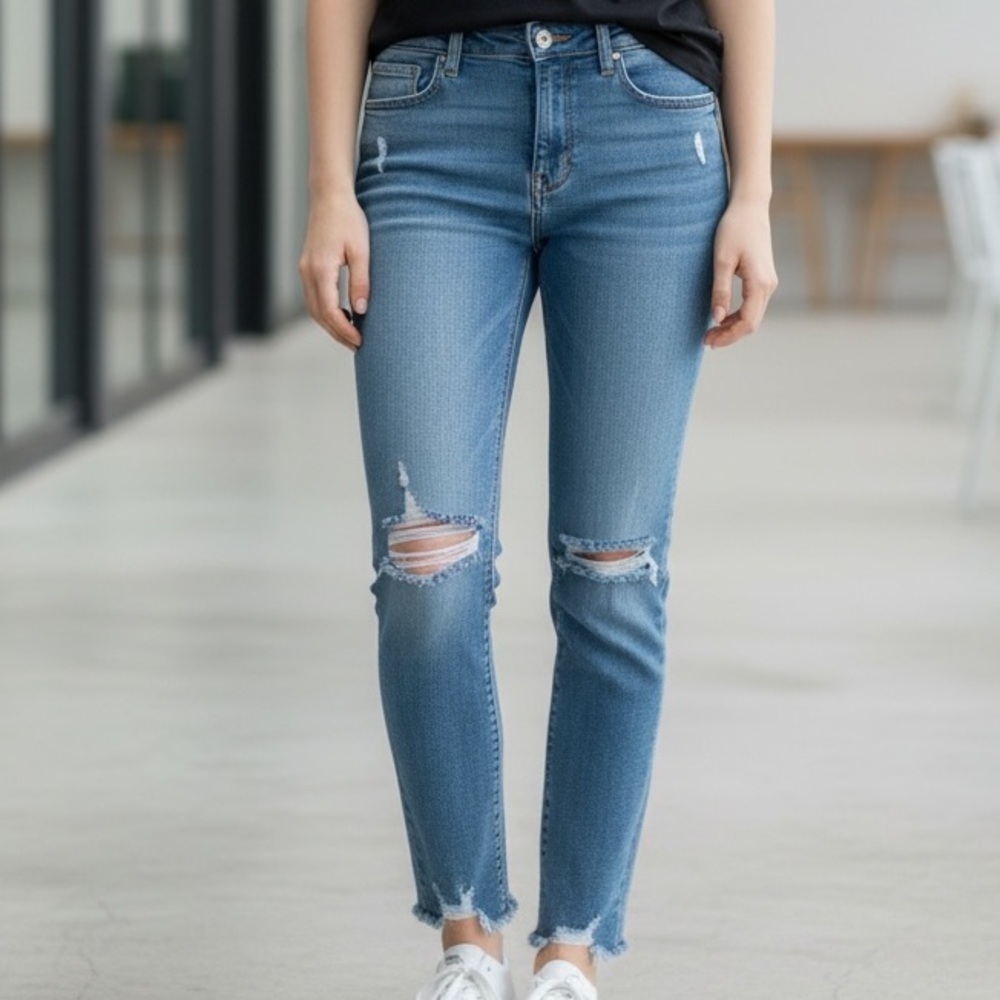 Denim&Co Distressed Light Blue Straight Leg Jeans